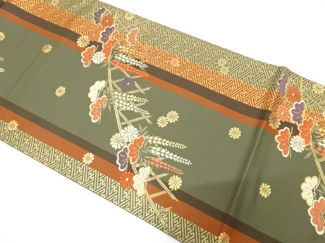 JAPANESE KIMONO / FUKURO OBI FOR FURISODE / SILK / WOVEN PINE & WISTERIA & KIKU